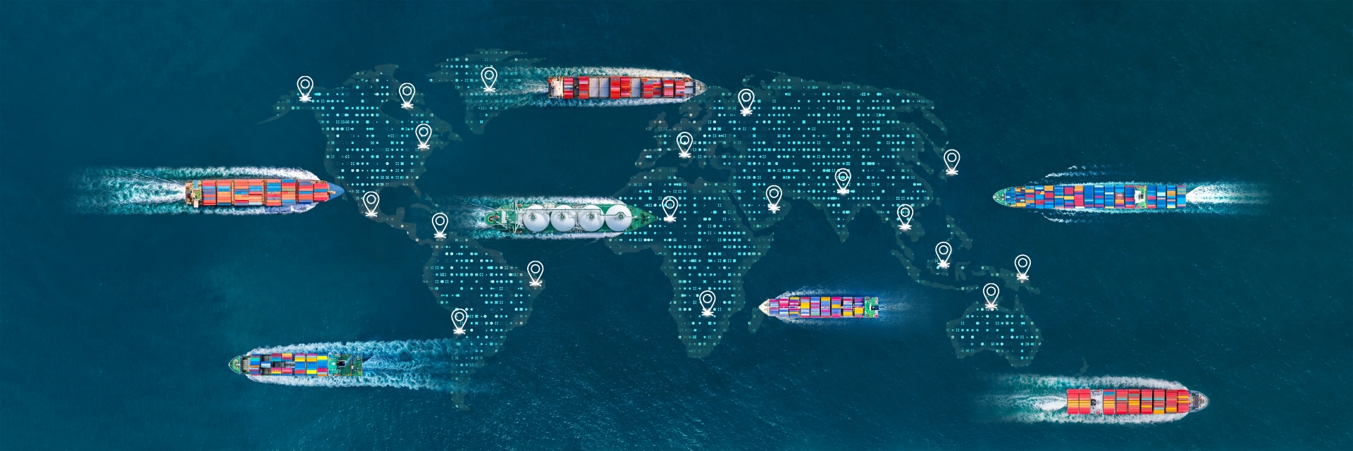 Aerial view of multiple cargo ships navigating across oceans, overlaid with a digital world map and location markers symbolizing global shipping routes and logistics connectivity.