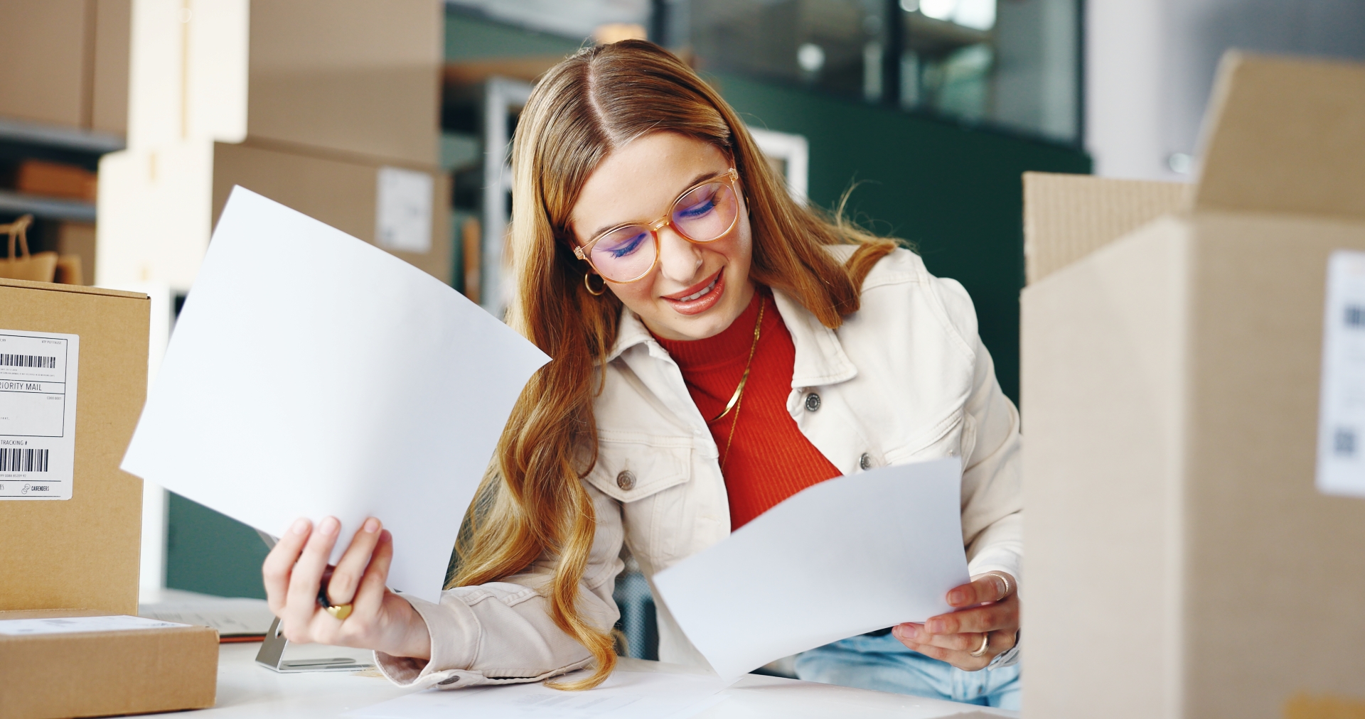 A woman assessing the documents and invoices for SCF.