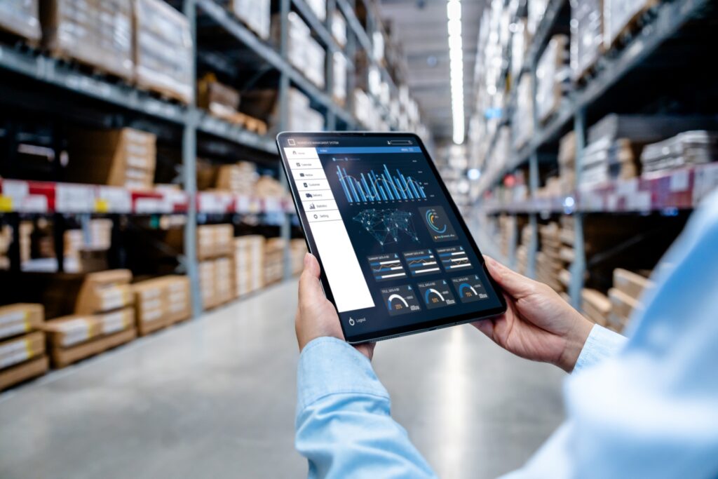 An image of a warehouse depicting stocking and inventory as part of as SCF process.